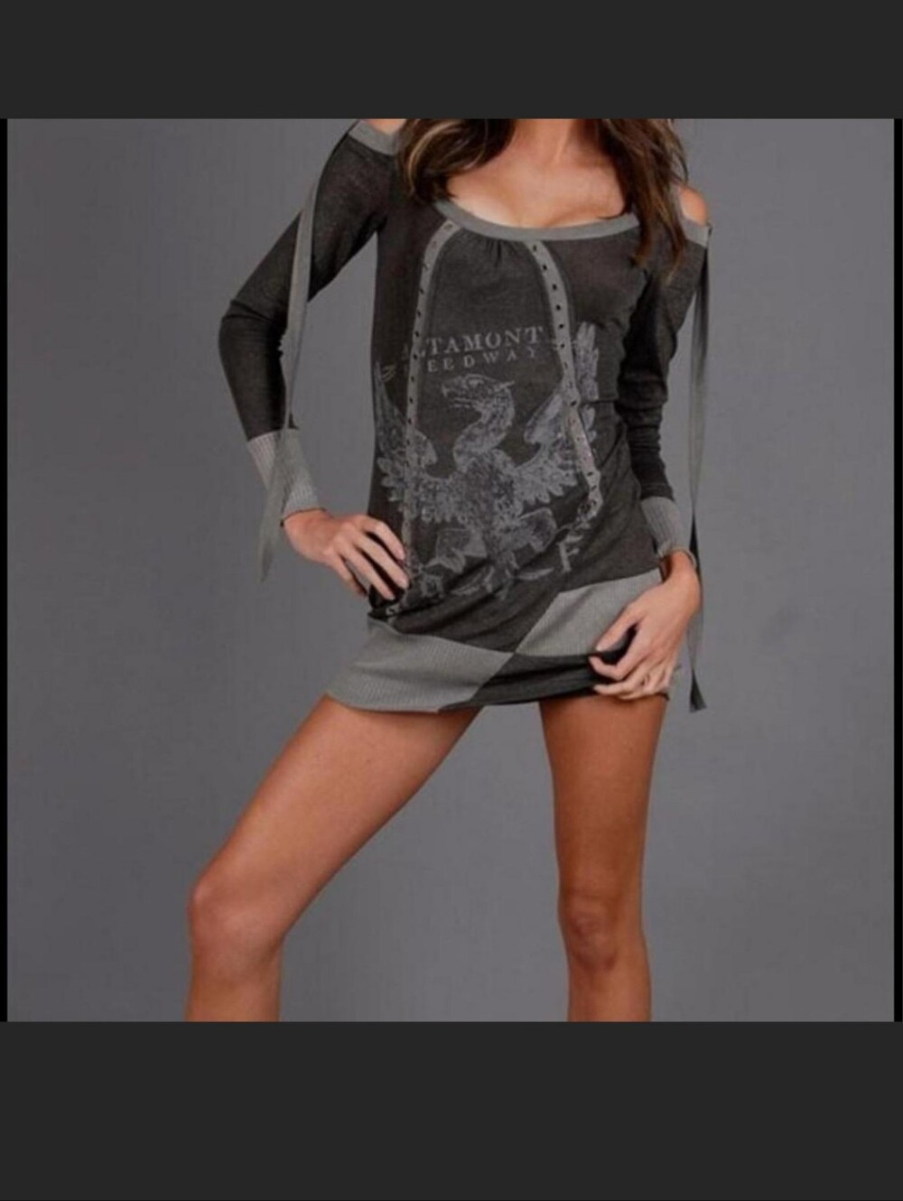 Salvage Glittery Grey Graphic Long Sleeve Lace-Up Mini Dress. S